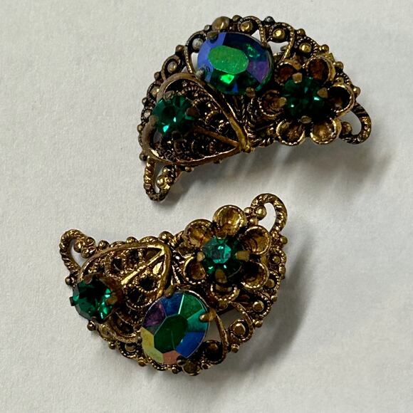 Vintage Crystal Rhinestone Clip On Half Moon Earrings Hearts Flowers Germany - Picture 1 of 5
